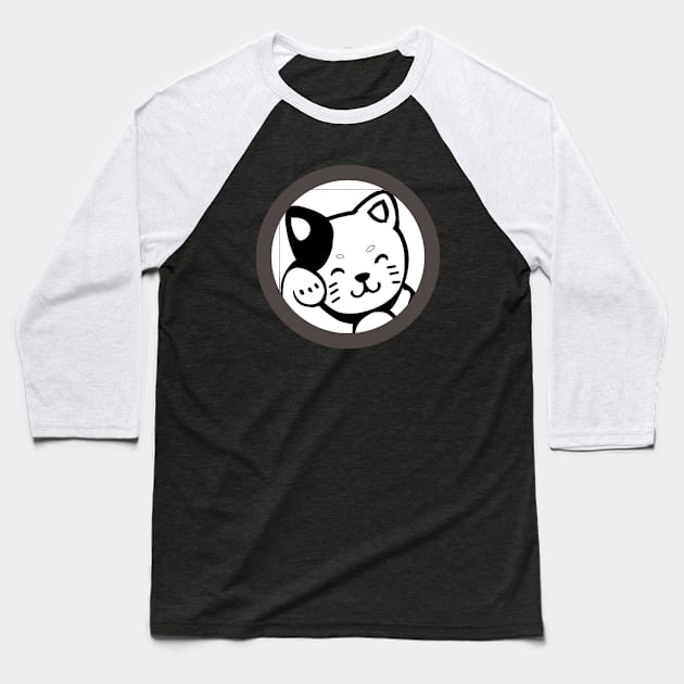 Cute cartoon kitty pawing its face, black& white circle frame Baseball T-Shirt by PersianFMts